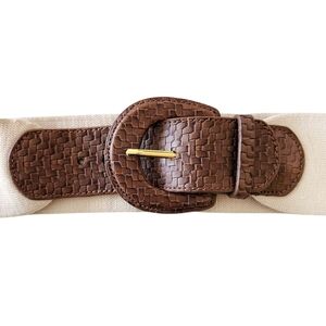 Wide woven brown leather belt stretchy cream strap classic boho summer S/M